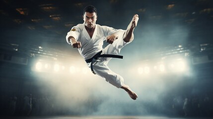 A taekwondo practitioner executing a precise kick, focused and disciplined in their form. - obrazy, fototapety, plakaty