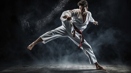 A taekwondo practitioner executing a precise kick, focused and disciplined in their form. - obrazy, fototapety, plakaty