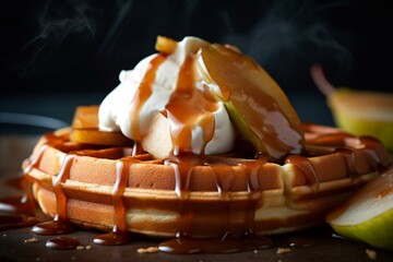 Caramel-drenched Belgian waffles topped with pear, captured in a food photograph. Generative AI
