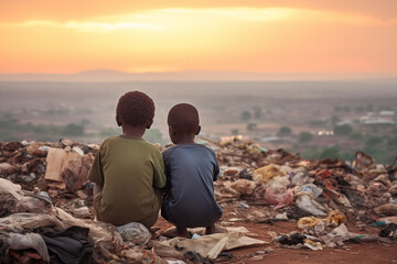 Lonely african children back view sitting on a garbage dump and looking at the city