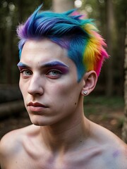  a man with multicolored hair and piercings in a forest.  generative ai