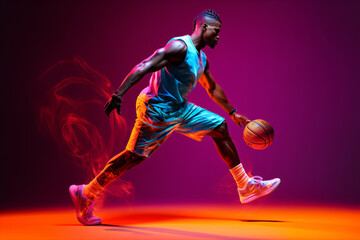 Fototapeta na wymiar In action: A portrait of a dedicated African-American basketball player training under neon lights against a pink backdrop.