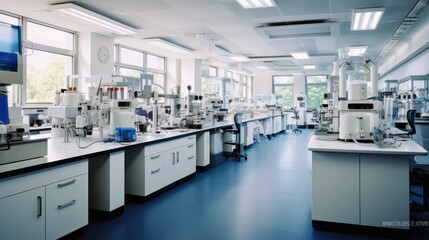 Medical research laboratory, Science laboratory with cabinets and research desks, Computers and other analytical equipment.