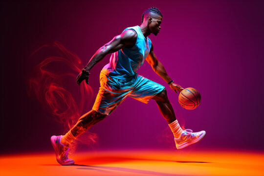 In action: A portrait of a dedicated African-American basketball player training under neon lights against a pink backdrop.