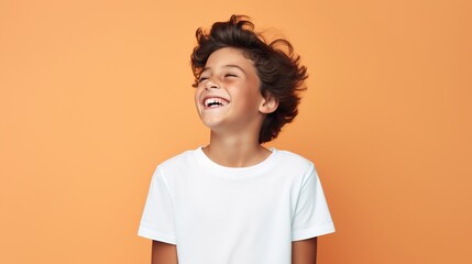 Cute Laughing Boy isolated on the Minimalist Pastel Color Background
