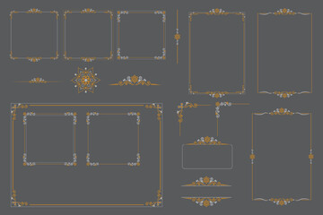 Set Of Golden Vintage ornament with border, frame, crown, mandala and luxury elements, suitable for vintage design or wedding invitation card