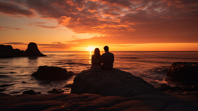 An eye-catching image conveying a feeling of happiness as two people hug each other whilst admiring the dawn over the sea.