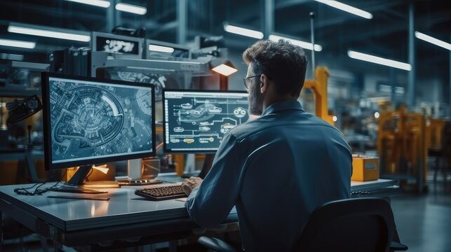 Engineers work with CAD design imagery in car factory, Monitoring, Control, Equipment Design.