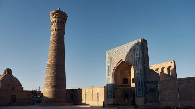 Morning timelapse of the Kalyan Mosque in the historical center of Bukhara, Uzbekistan