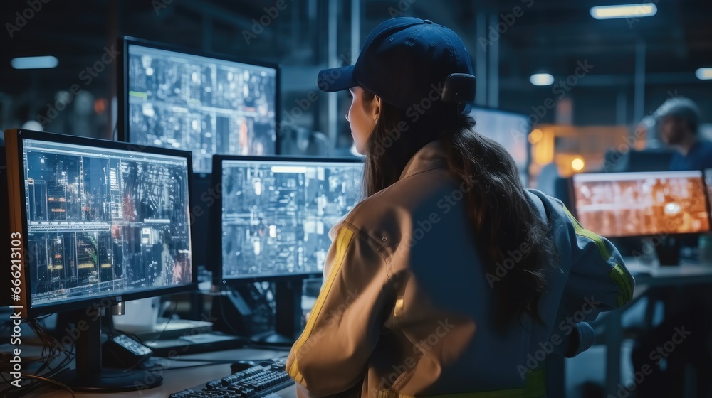 Aufkleber project engineer female is controls facility production line in car factory, uses computer with scre