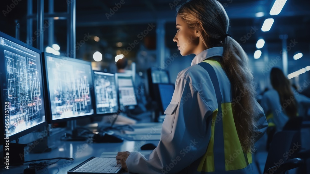 Aufkleber project engineer female is controls facility production line in car factory, uses computer with scre