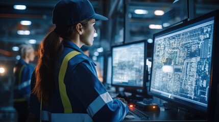 Project Engineer Female is Controls Facility Production Line in car factory, Uses Computer with Screens. Monitoring, Control, Equipment Design.