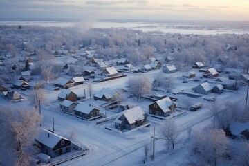 a beautiful scenic charming aerial view of a small snowy cold town landscape at winters