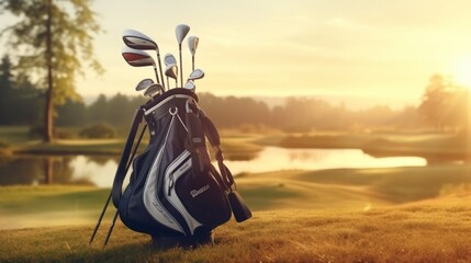 Golf clubs in a bag against the backdrop of a tranquil golf course at sunrise. - obrazy, fototapety, plakaty