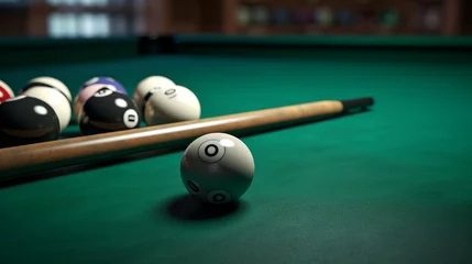 Foto op Plexiglas Freshly chalked billiards cues resting against a green-felt pool table. © Ai Studio