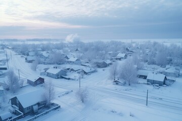 a beautiful scenic charming aerial view of a small snowy cold town landscape at winters