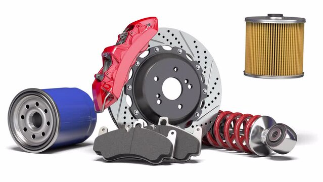 Car parts or auto car spare for maintenance isolated on white background. 3d video animation with alpha chanel