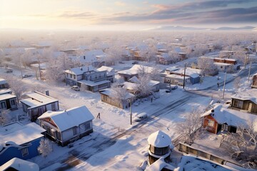Fototapeta na wymiar a beautiful scenic charming aerial view of a small snowy cold town landscape at winters