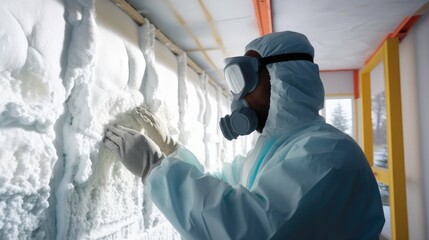 Insulation worker in protective clothing examining foam insulation installed on a wall at building site.