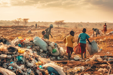 Group of homeless African children back view collecting garbage in landfill