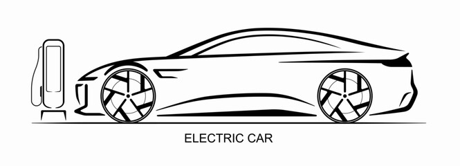 Electric car silhouette isolated on white background. Side view of the electric car charging at the charging station. Line art design template. Vector illustration.