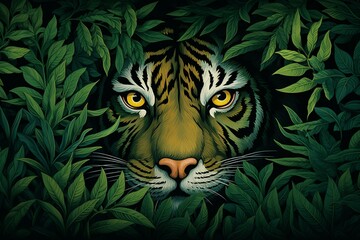 Dark green background with a vibrant pattern resembling tiger eyes watching amidst greenery in the jungle. Generative AI