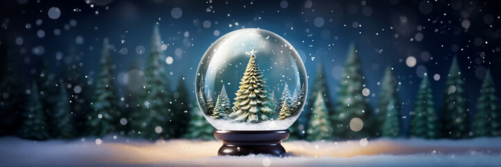 Christmas tree in Christmas Magic Snow Ball on snow in winter forest, banner format