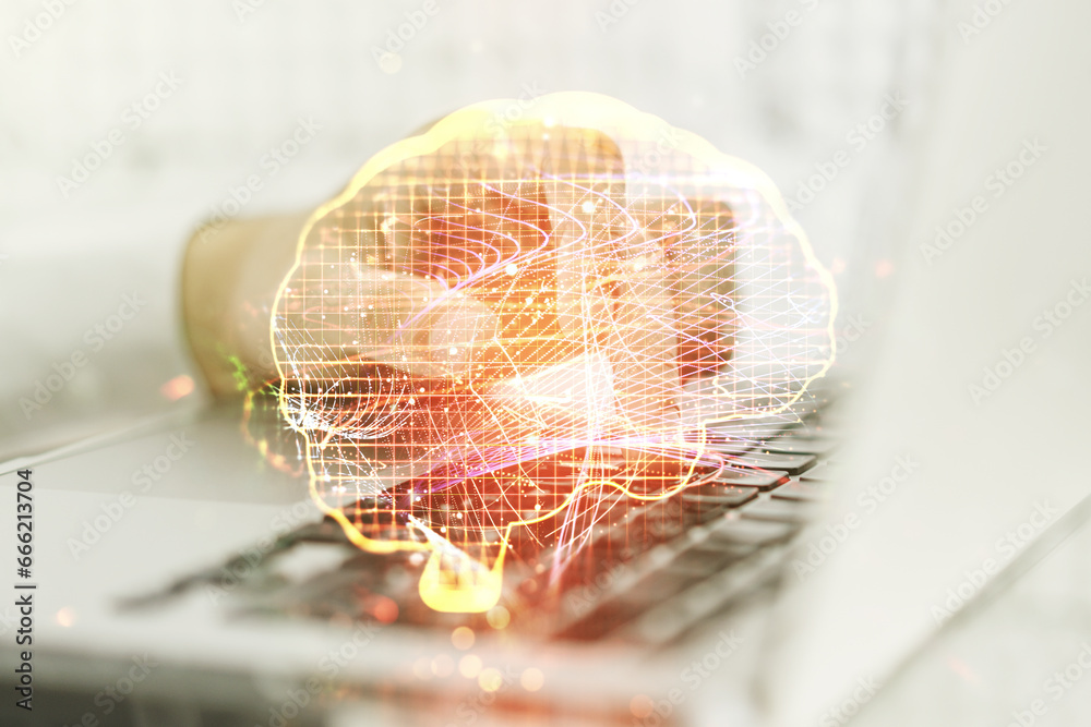 Aufkleber double exposure of creative human brain microcircuit with hand typing on computer keyboard on backgr