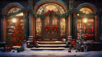 Fototapeta na wymiar winter entrance doors, porch, store windows decorated with Christmas decorations, evening, festive, cozy atmosphere, in English style, photorealistic, detailed