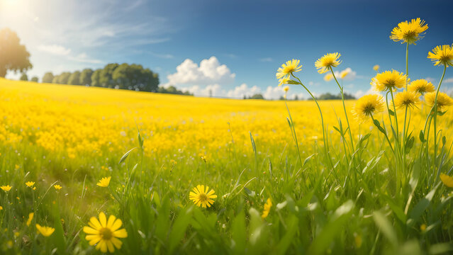 Field of yellow flowers on a background of blue sky with clouds.