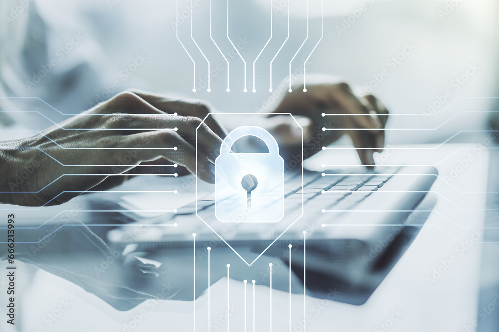 Poster Creative lock illustration with microcircuit and hands typing on computer keyboard on background, cyber security concept. Multiexposure