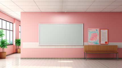 A contemporary school hallway with a blank advertisement poster on the walls is portrayed in this 3D simulated image.
