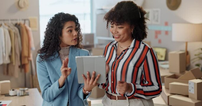 Fashion designer, collaboration and tablet for ecommerce, social media post and online store. Women, business partners and designs for styling, company and smile for startup, clothes and entrepreneur