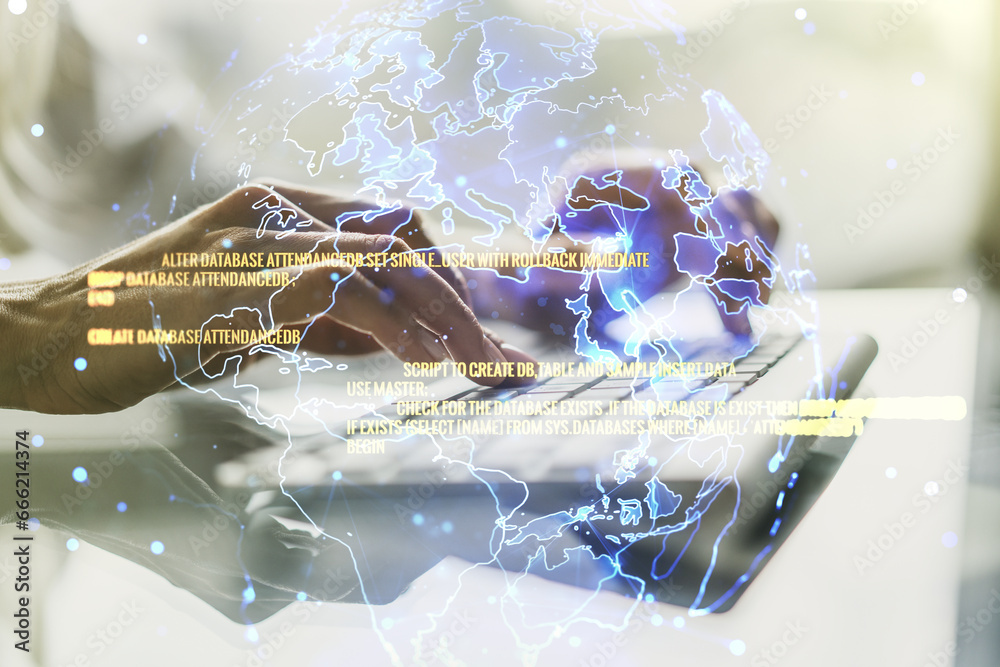 Poster double exposure of abstract creative programming illustration with world map and hand typing on lapt