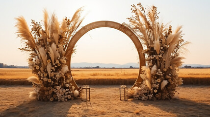 Huge aesthetic ethnic portal made of wooden sticks, dried flowers and wheat decorated with light garland, Generative AI
