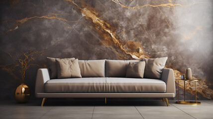 Luxury sofa made from marble-patterned fabric with golden inclusions Interior design of modern living room, Generative AI