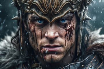 Closeup of fantasy hero on battlefield - obrazy, fototapety, plakaty