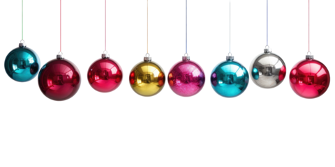 Hanging colorful baubles on transparent background