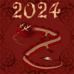 Dragon, happy new year, 2024, 2024 year of the dragon, red dragon, vector, illustration, gold dragon, red background