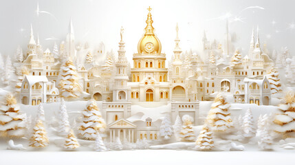 Obraz premium Christmas decoration, winter buildings in the forest with burning windows, New Year's atmosphere, postcard, Happy New Year greetings