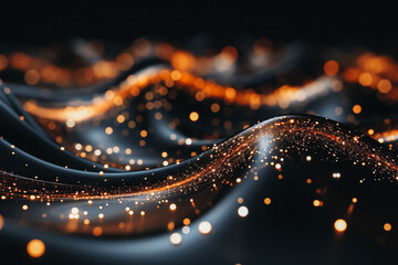 Abstract background with wavy flowing golden glittering lines and black waves. Illuminated Light Painting. Computer Generated Majestic Wallpaper