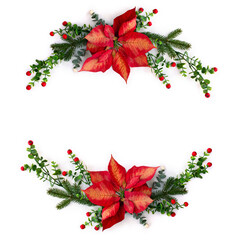 Christmas decoration. Flower of red orange poinsettia, branch christmas tree, berries mistletoe, red berries on a white background with space for text. Top view, flat lay