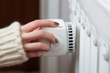 Close-up of young woman adjusting thermostat temperature on radiator. Energy saving mode concept. Generative Ai