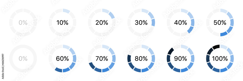 Poster loading progress bar icon set, round circle frame. Download and upload percentage diagrams. Vector progress bars indicator loader template