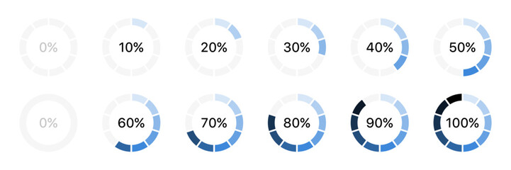 loading progress bar icon set, round circle frame. Download and upload percentage diagrams. Vector progress bars indicator loader template