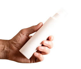 Plastic spray bottle, white blank package in men hand