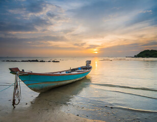 Naklejka na ściany i meble Beautiful sunset landscape sunset on the sea beach with a boat at Bangpra beach chonburi,thailand