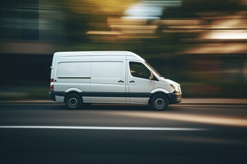 Fototapeta na wymiar a white package delivery and logistics vehicle automobile van moving fast in urban city on a road