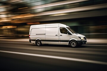 Fototapeta na wymiar a white package delivery and logistics vehicle automobile van moving fast in urban city on a road