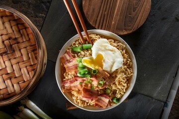 4K Image: Bacon and Egg in Savory Ramen Soup, a Flavorful Delight